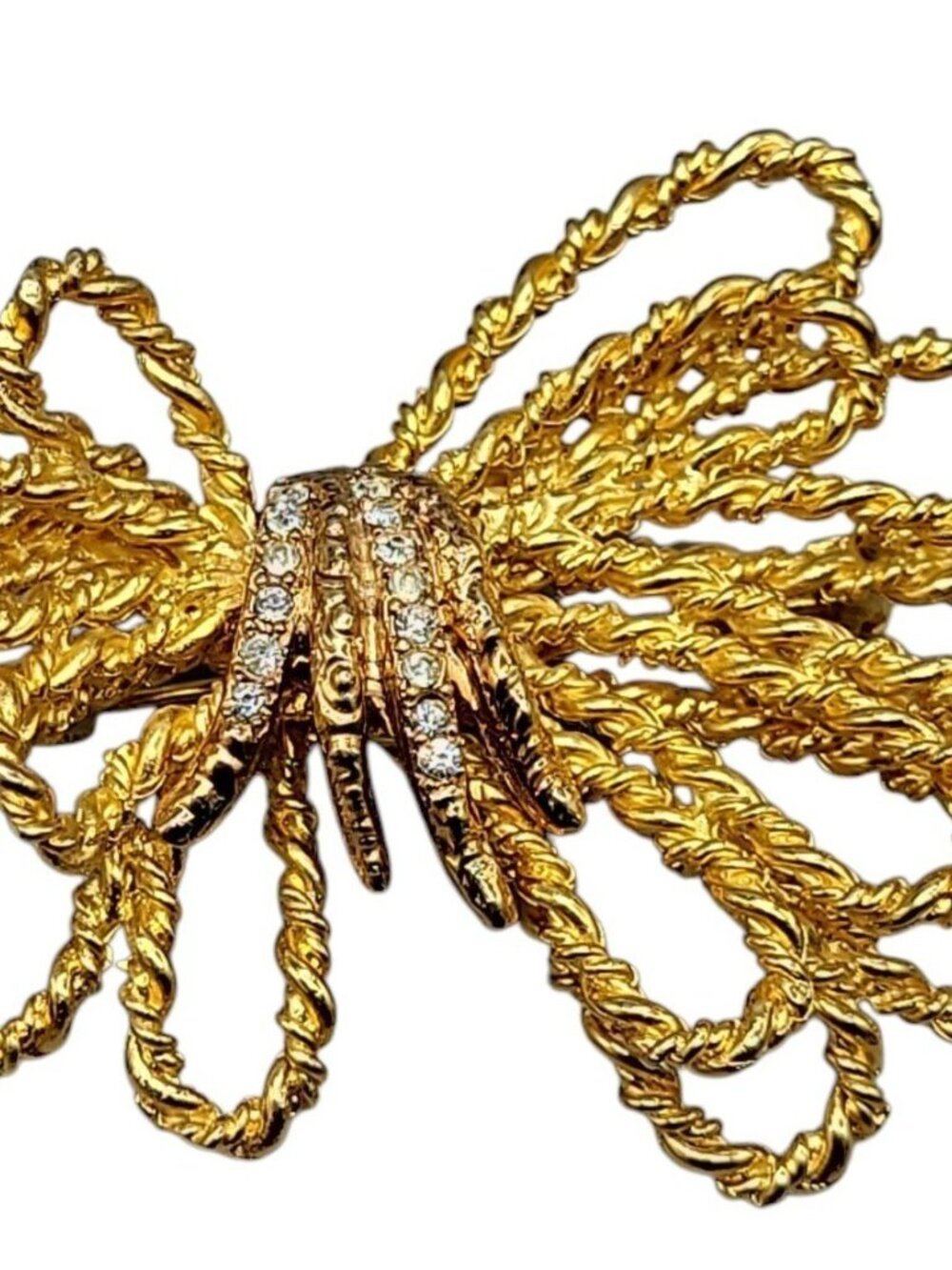 Vintage Bow Brooch Large Twisted Rope w/Rhinestone Accents Bright Gold Tone - Picture 2 of 6